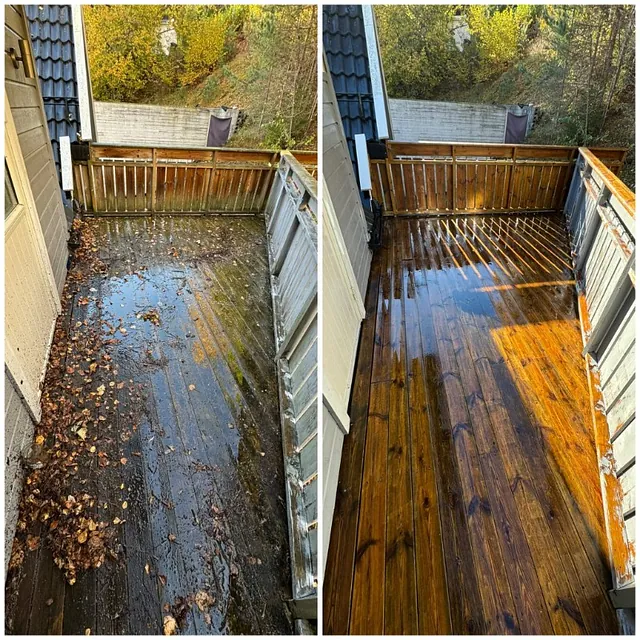 Før og etter - ryddet og vasket terrasse i Lillesand