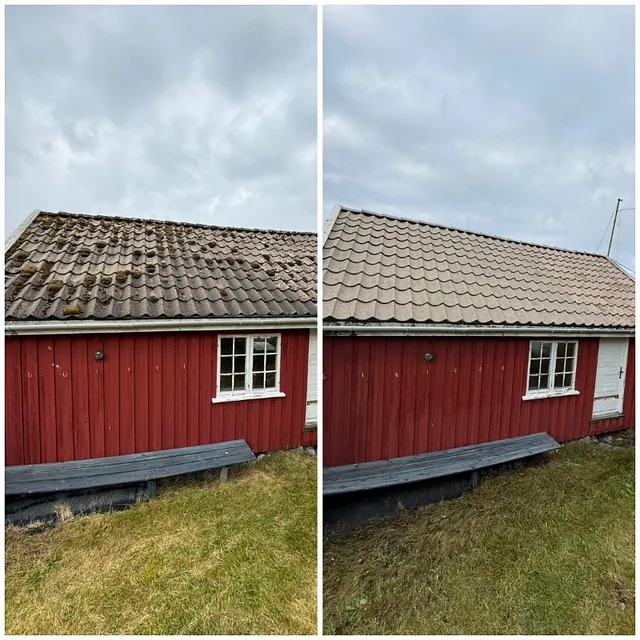 Før og etterbilde av vasket tak